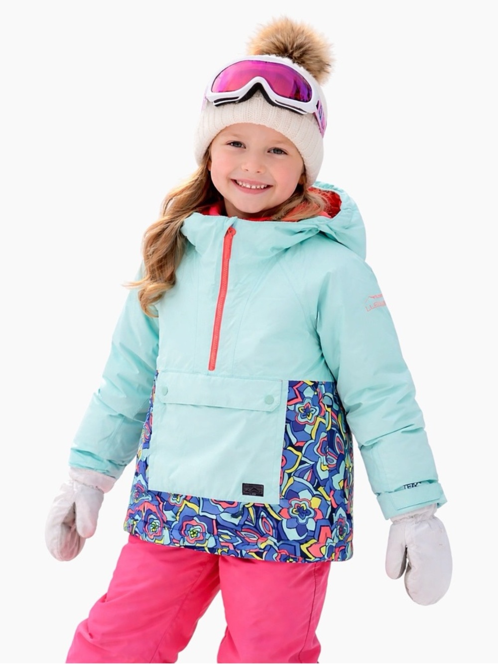 L.L BEAN Kids Wildcat Waterproof Ski Winter Anorak Jacket Teal Flower 6/7